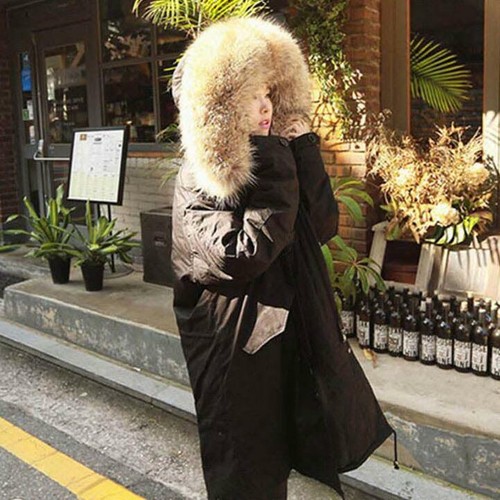 maxi puffer coat with fur hood